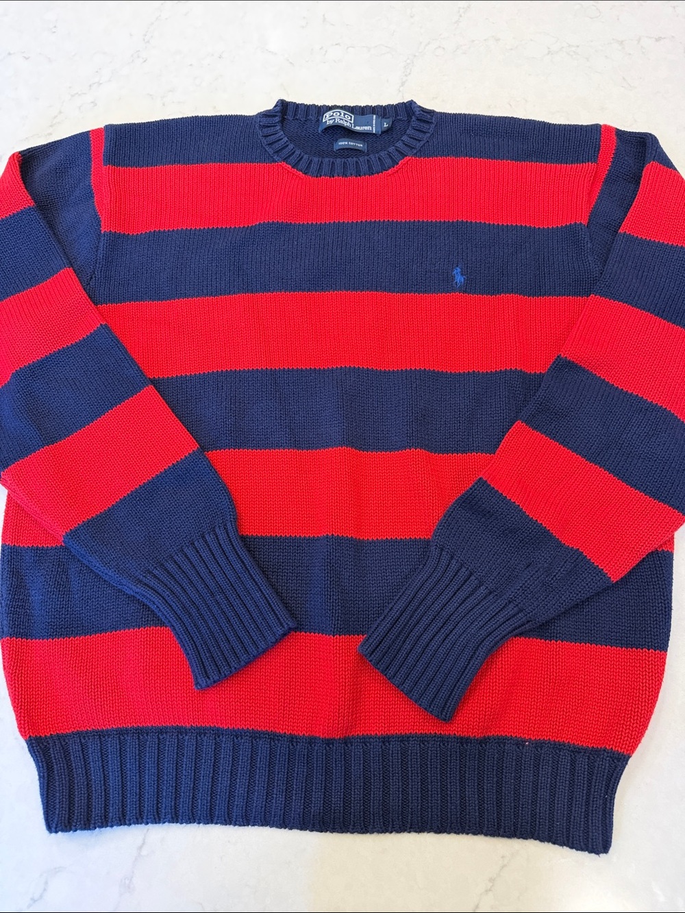 Polo by Ralph Lauren Vintage Men’s Navy & Red Rugby Striped Crewneck Sweater